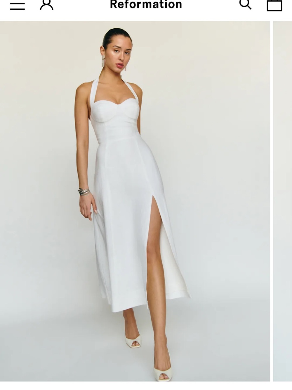 Reformation White Halter Midi Dress with Sweetheart Neckline and High Slit